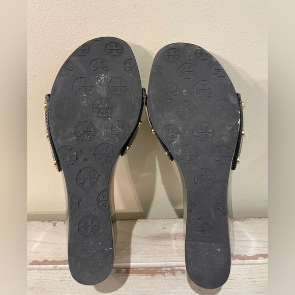 Tory Burch Leather Paten Leather Wedge Slide Sandel 8.5M Black - Picture 6 of 8